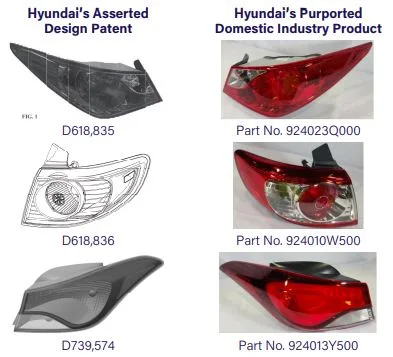 Image of Hyundai's asserted design patent and Hyundai's purported domestic industry product.