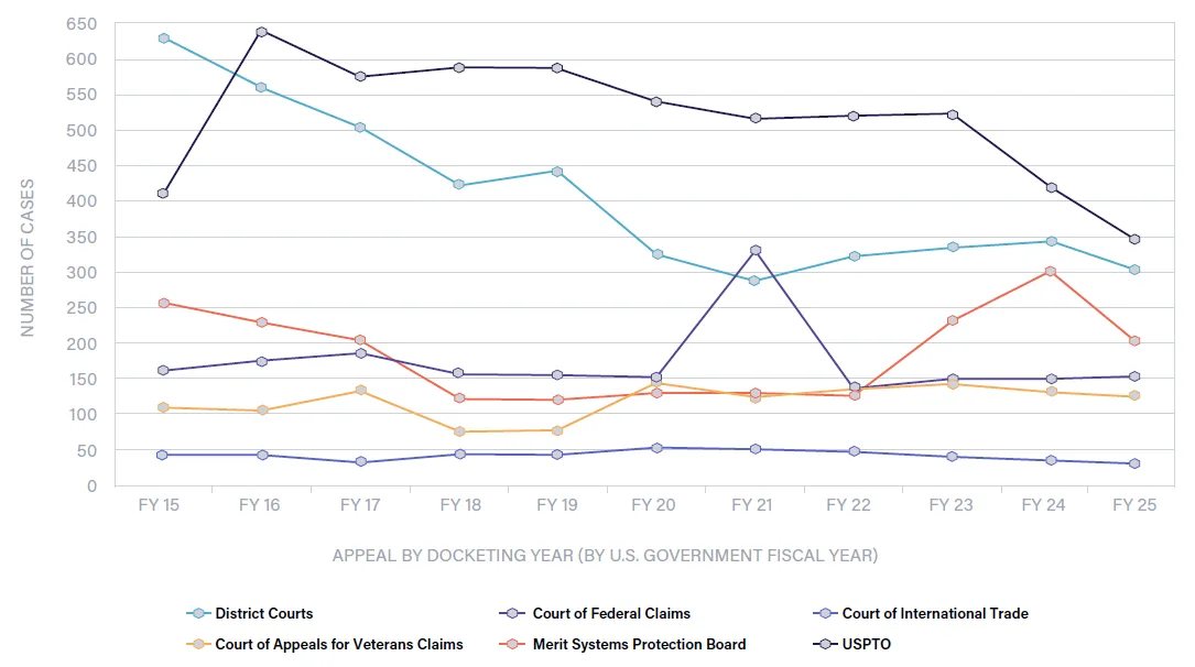 New appeals from both district courts and the USPTO declined in FY25, continuing a decade-long trend of fewer appeals from these most common origins.